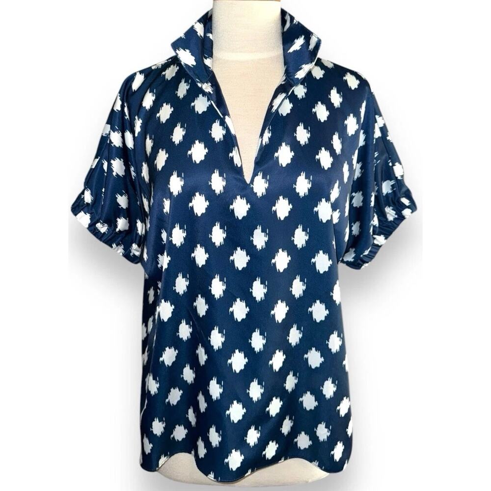 Caryn Lawn Blouse Betsy Collared Navy Satiny Flowy Popover Top One Size